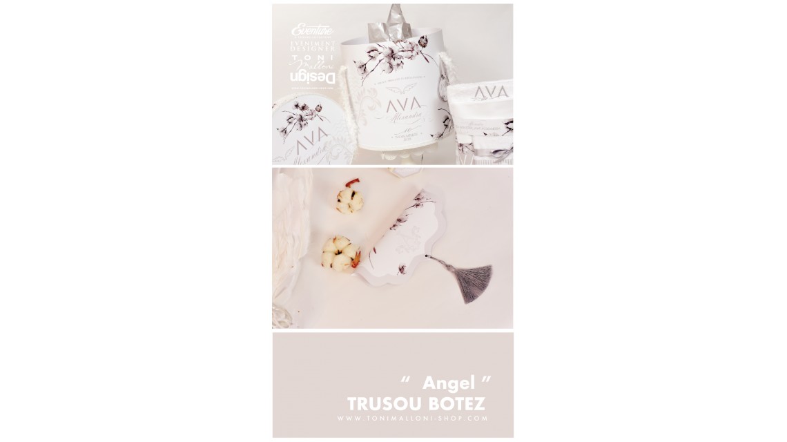 Trusou botez brodat pentru fetite cu broderie personalizata, flori bumbac si ingeri, Angels 2